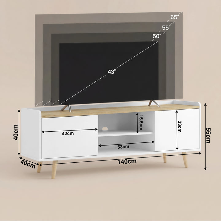 [White] Dimension diagram of white Larvik TV unit, 140x40x55cm cabinet with 15.5cm centre opening and 33cm cabinets