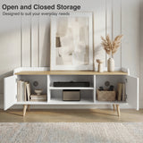 [White] White Larvik TV cabinet open and closed storage view, books inside left door and basket inside right door