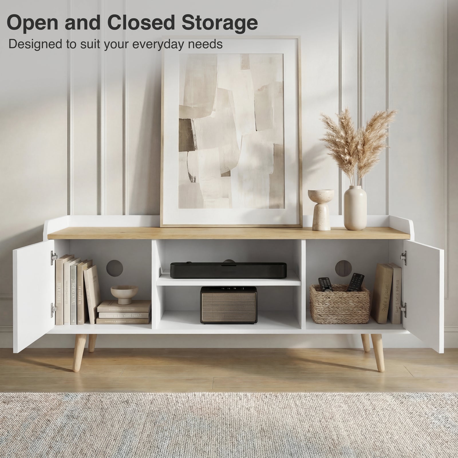 [White] White Larvik TV cabinet open and closed storage view, books inside left door and basket inside right door