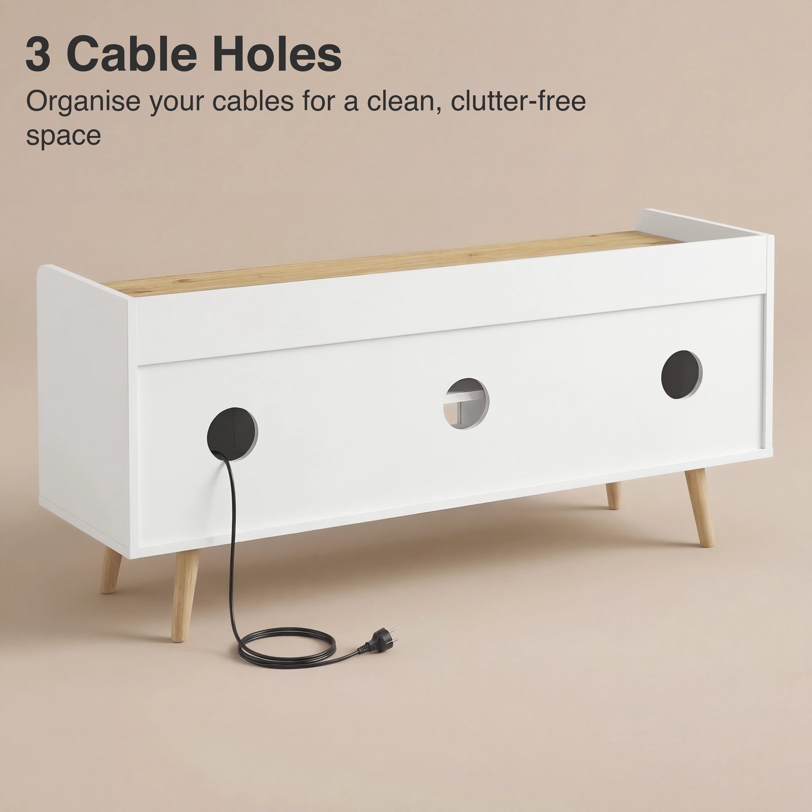 [White] Rear view of white Larvik 140cm TV unit with three round cable holes across the back panel for wire routing