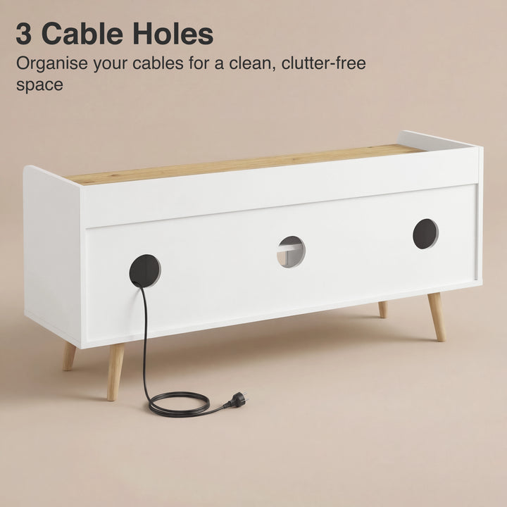 [White] Rear view of white Larvik 140cm TV unit with three round cable holes across the back panel for wire routing