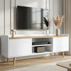 [White] Larvik 140cm TV unit in white with oak top in living room, soundbar on centre shelf and pampas vase on top