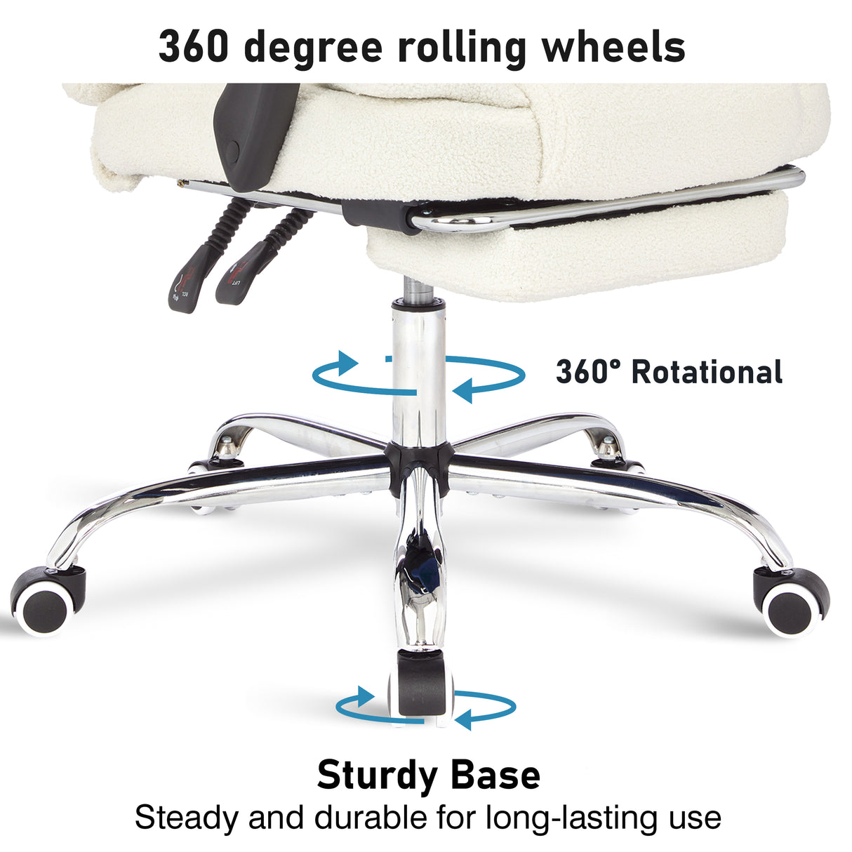 White office chair with massage and 360-degree rolling wheels for long lasting use.