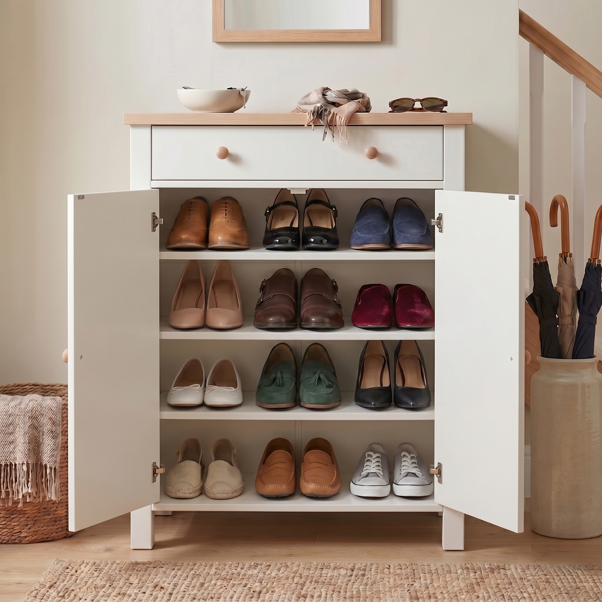 [White] Both doors fully open showing 4 shelves loaded with 12 pairs of flat shoes and loafers, umbrella stand right, woven basket left