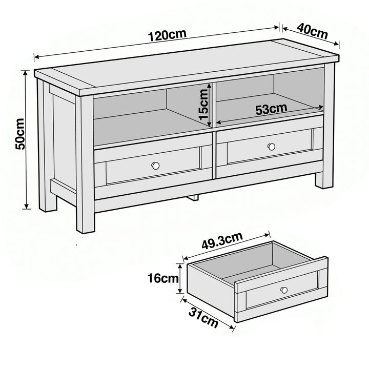 [White] Oskara TV unit line drawing showing overall dimensions of 120x50x40cm with drawer internal measurements of 49.3x31x16cm