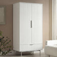 White double door wardrobe cabinet with vertical panel detailing and slim silver metal handles