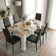 [6 Seater | Black] White & Pine 4-6 Seater Dining Table and Chairs Set elevated view displaying six black leather chairs arranged around a rectangular pine wood tabletop