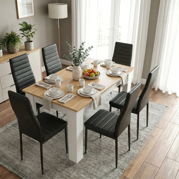 [6 Seater | Black] White & Pine 4-6 Seater Dining Table and Chairs Set elevated view displaying six black leather chairs arranged around a rectangular pine wood tabletop