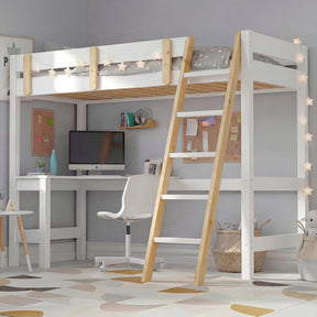 [White + Pine] bunk bed front view showing raised sleeping platform with desk workspace and swivel chair underneath