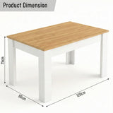 [4 Seater | White] Dining Table and Chairs Set dimension diagram showing 120cm length, 80cm width, and 75cm height with oak-effect pine top and white base