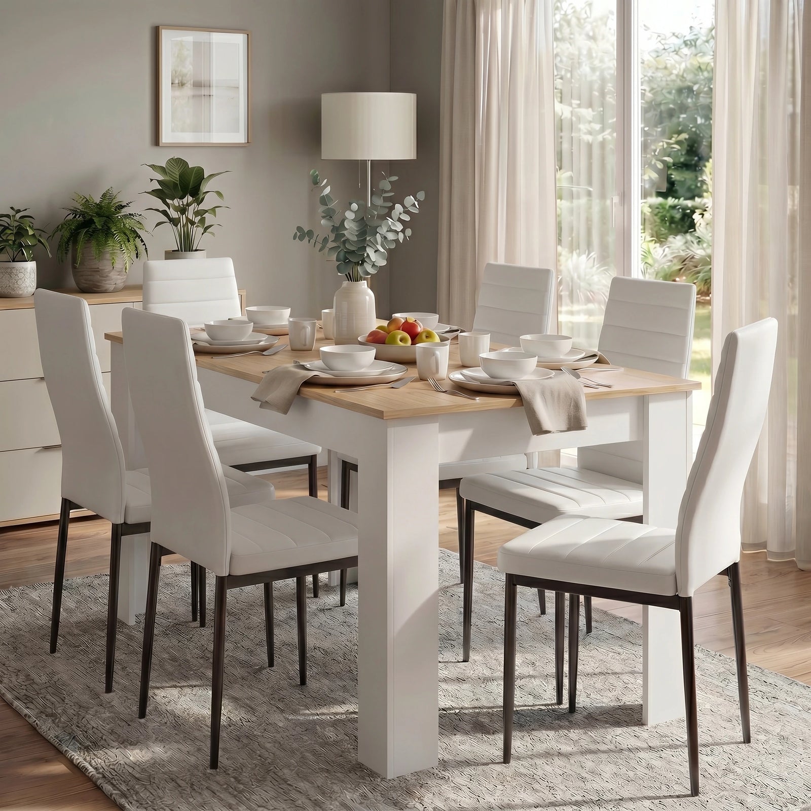 [6 Seater | White] White & Pine 4-6 Seater Dining Table and Chairs Set positioned next to a sunlit glass window in a contemporary home with neutral wall colors and houseplants