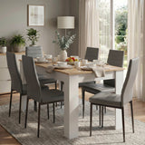[6 Seater | Grey] White & Pine 4-6 Seater Dining Table and Chairs Set positioned next to a sunlit glass window in a contemporary home with neutral wall colors and houseplants