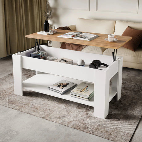 [White + Pine] Two-tone coffee table with pine top raised showing hidden storage.