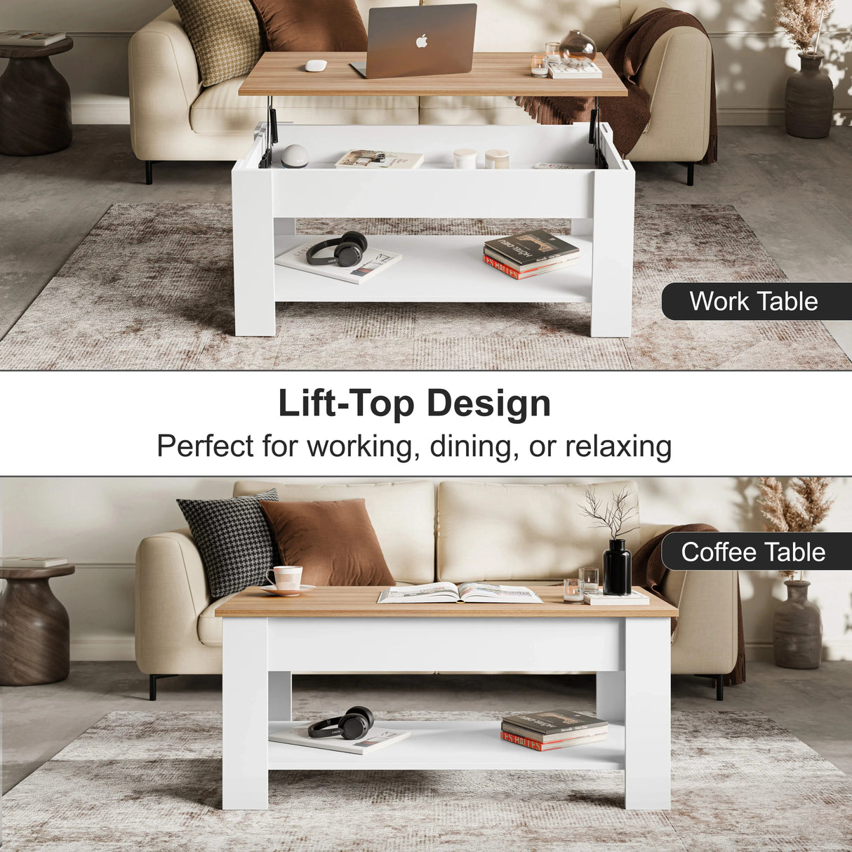 [White + Pine] Lift top coffee table shown open as work table and closed as coffee table.