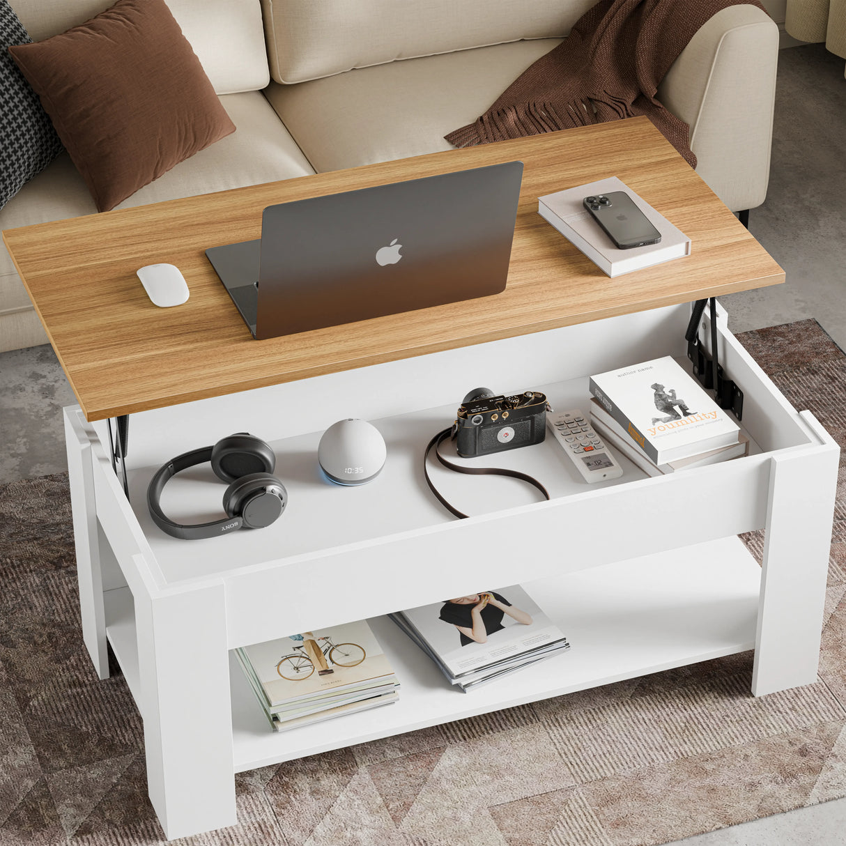 Lift top coffee table with storage in white finish, featuring a raised wooden tabletop and lower shelf, ideal for modern living rooms or home offices.