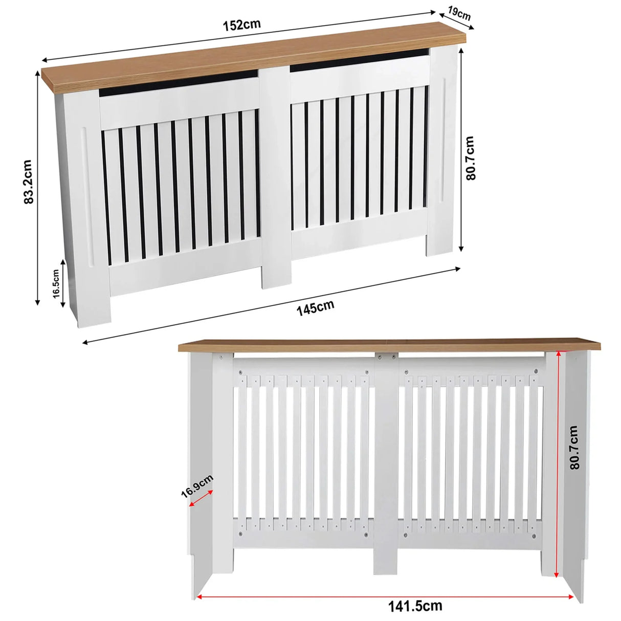 [Large | White] adiator Cover dimensions showing 152cm width, 83.2cm height, and 16.9cm internal depth from front and rear angles