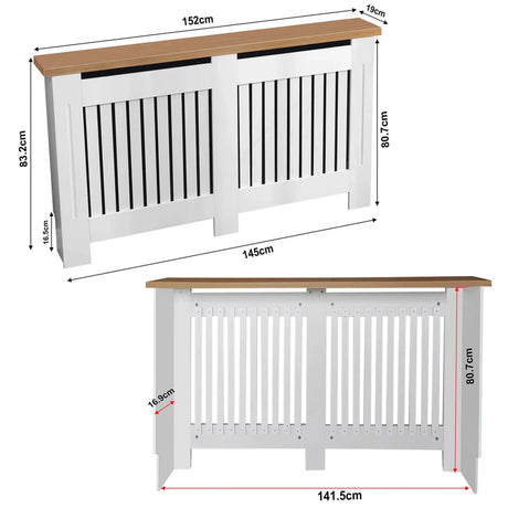 [Large | White] adiator Cover dimensions showing 152cm width, 83.2cm height, and 16.9cm internal depth from front and rear angles