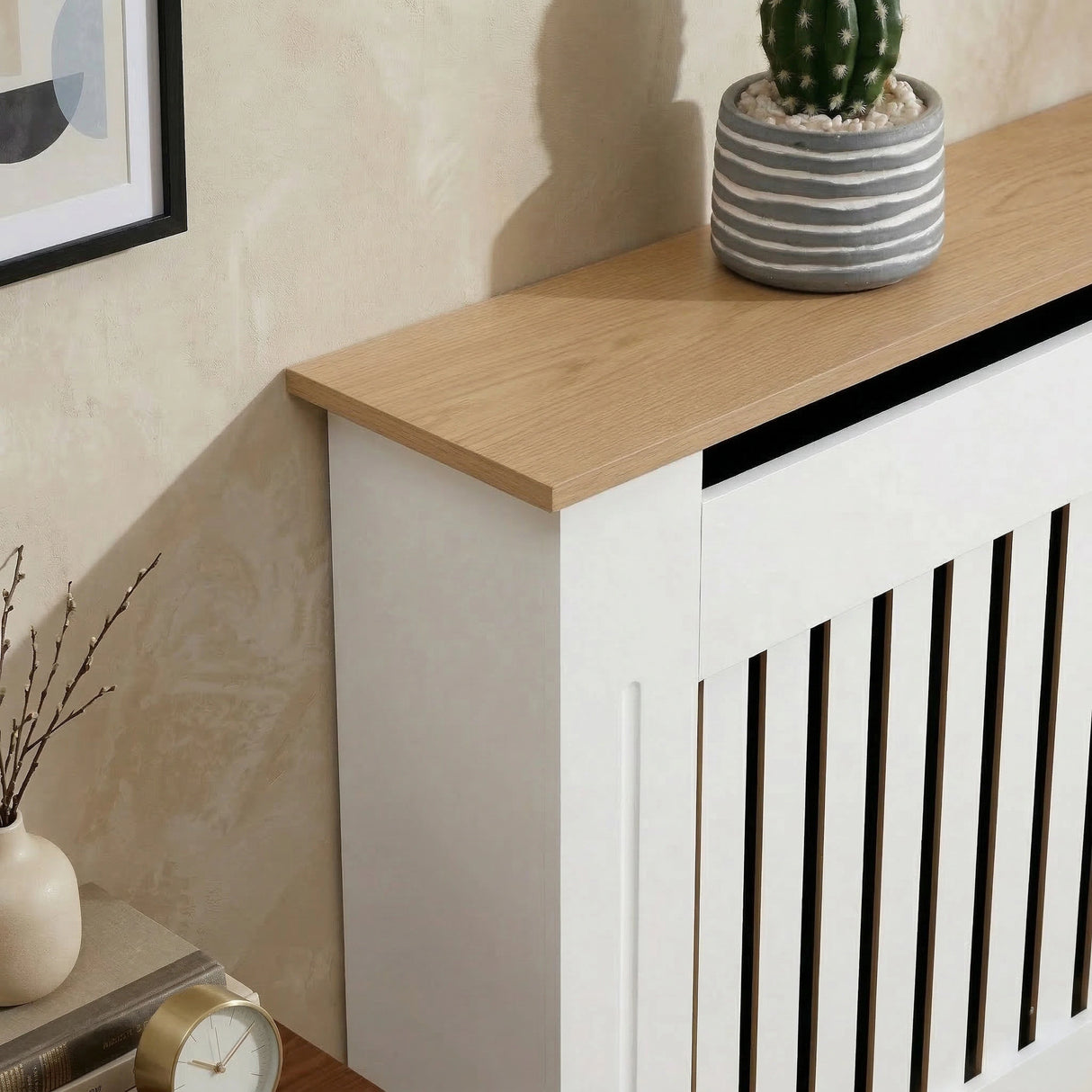 [Large | White] Radiator Cover corner detail showing the natural oak-effect top panel 