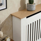 [Large | White] Radiator Cover corner detail showing the natural oak-effect top panel 