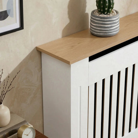 [Large | White] Radiator Cover corner detail showing the natural oak-effect top panel 