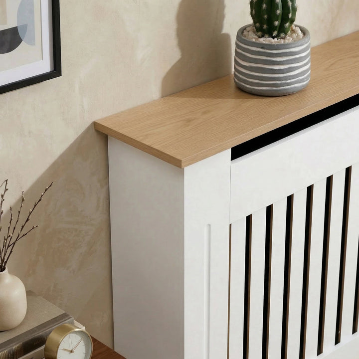 [Large | White] Radiator Cover corner detail showing the natural oak-effect top panel 