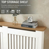 [Large | White]  Radiator Cover oak top shelf close-up with stacked books, a clock