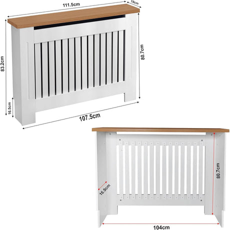 [Medium | White] Radiator Cover dimensions showing 111.5cm width, 83.2cm height, and 16.9cm internal depth from front and rear angles