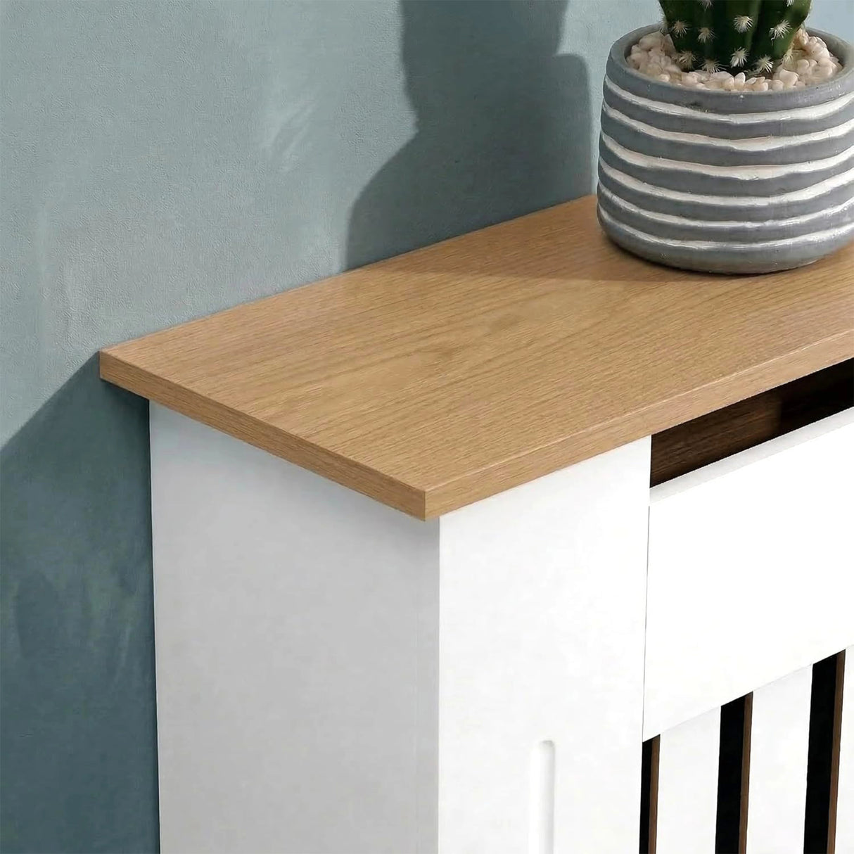 [Medium | White] Radiator Cover oak top shelf close-up 
