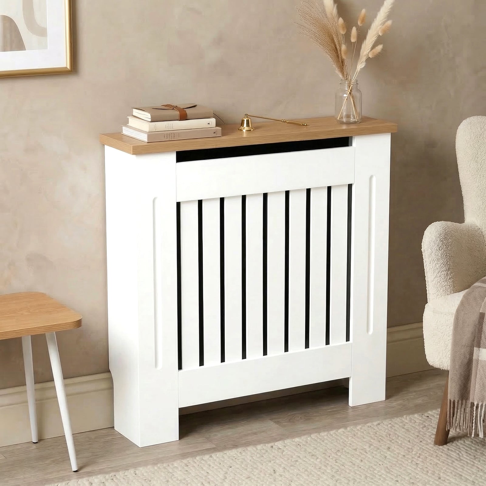 [Small | White] Radiator Cover Small oak top shelf close-up with books, a clock, and a vase styled on the surface with storage