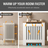 [Small | White] Radiator Cover Small heat circulation diagram comparing airflow with and without the cover, showing vertical slat ventilation channels