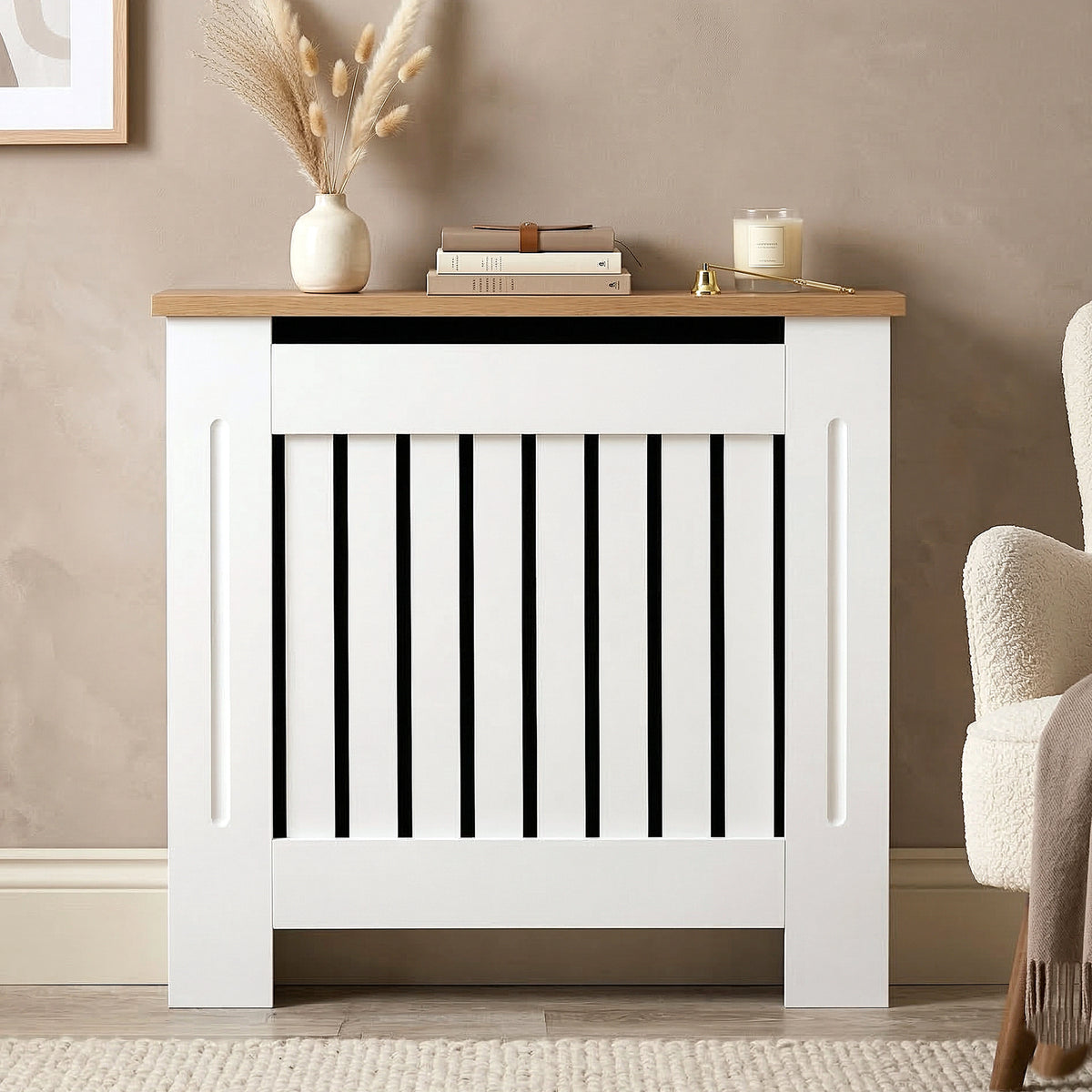 Radiator Cover Oak Top Vertical Slatted Design Small