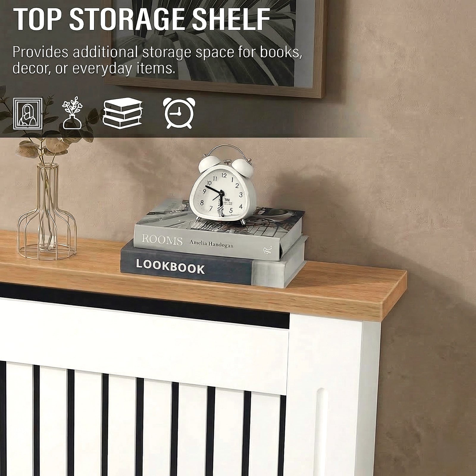 [Small | White] Radiator Cover Small oak top shelf close-up with books