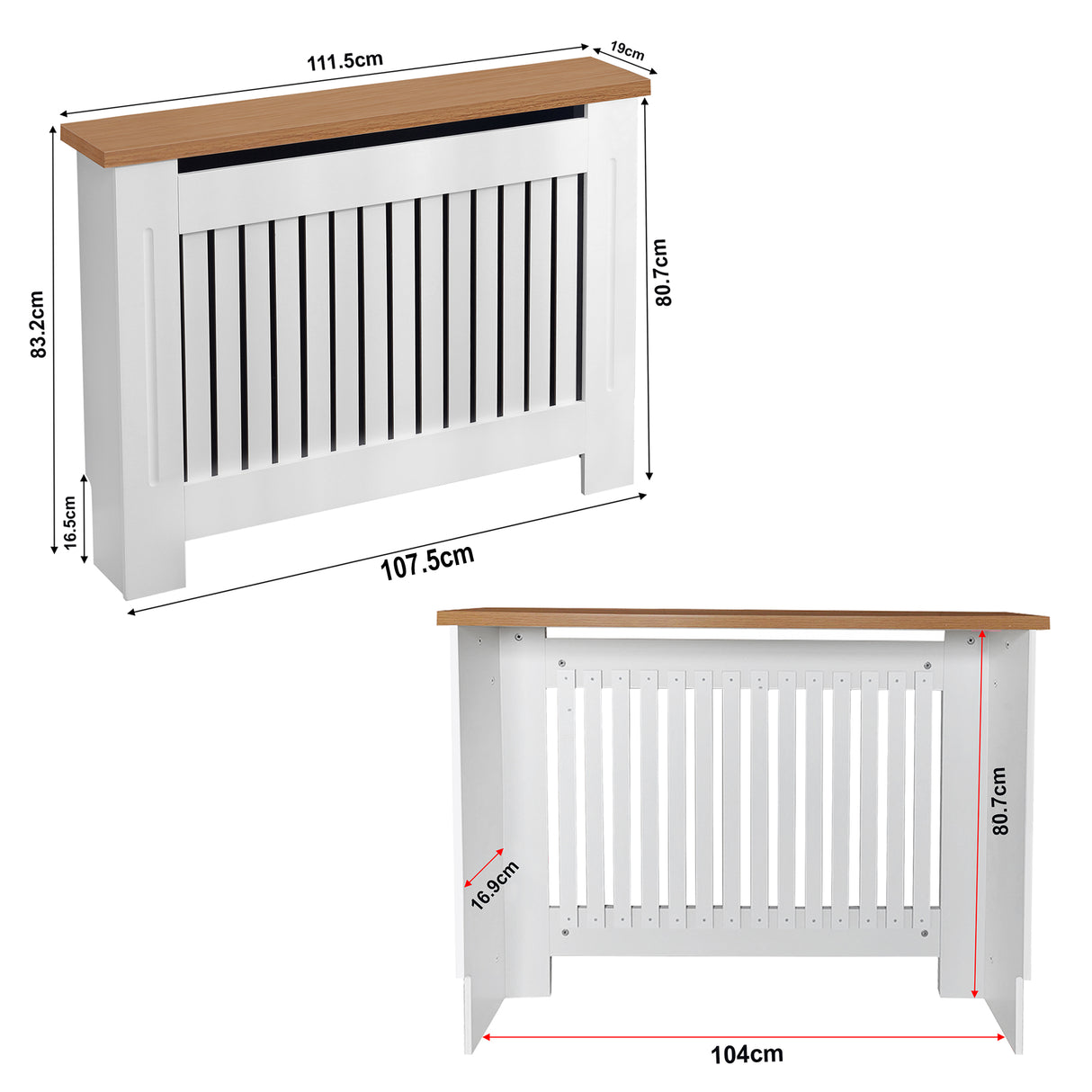 Modern white radiator cover UK homes. with slatted design and dimensions of 111.5cm width.