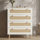 [White] Woven Rattan 4 Drawer Chest of Drawers, White straight-on view highlighting its woven rattan panels and wooden knobs.