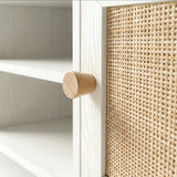 [White] Rattan TV Unit close-up of woven cane panel, natural wooden knob, and white wood-grain frame with open shelf