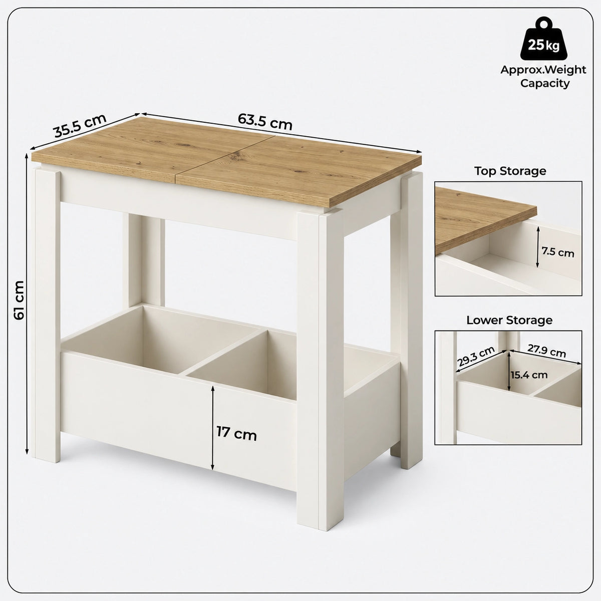 [White] Side table dimension diagram showing 63.5cm length, 35.5cm width, 61cm height and inset storage measurements.