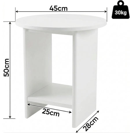 [White] Small Round Side Table with Shelf Living Room dimensions diagram showing 45cm diameter top, 50cm height, 28cm depth and 30kg weight capacity