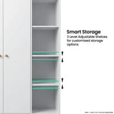 [White] Selby wardrobe open shelving section showing 3-level adjustable shelf positions with green highlight indicators