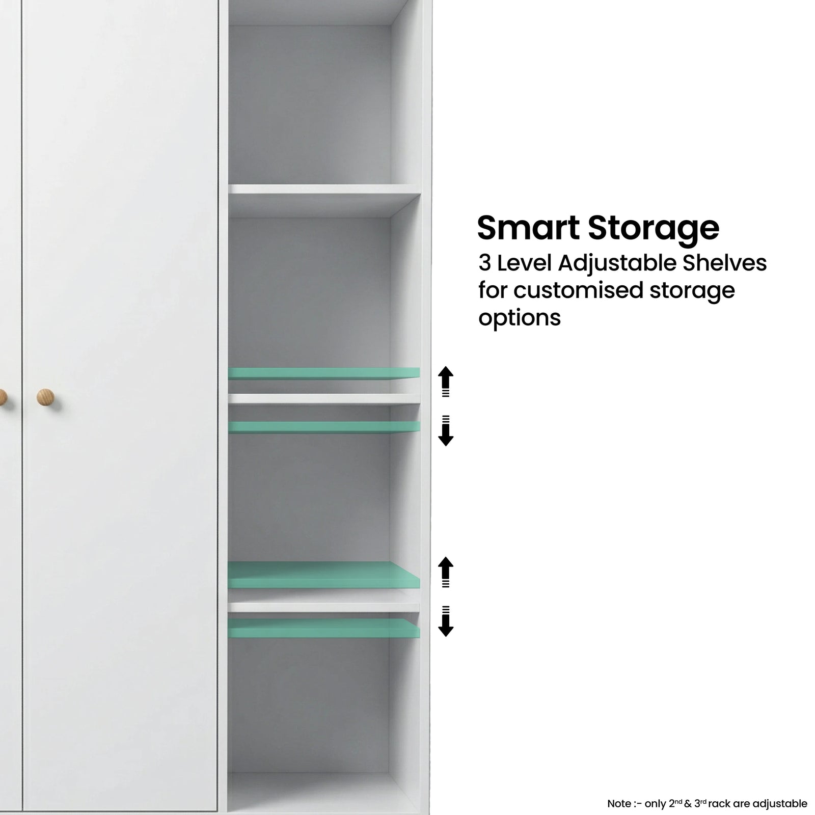 [White] Selby wardrobe open shelving section showing 3-level adjustable shelf positions with green highlight indicators