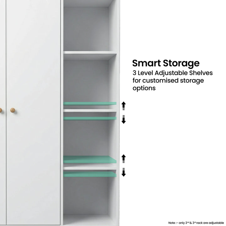 [White] Selby wardrobe open shelving section showing 3-level adjustable shelf positions with green highlight indicators