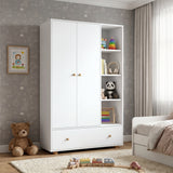 [White] Selby wardrobe angled lifestyle view showing two-door section, open shelves with books and storage basket, and large drawer