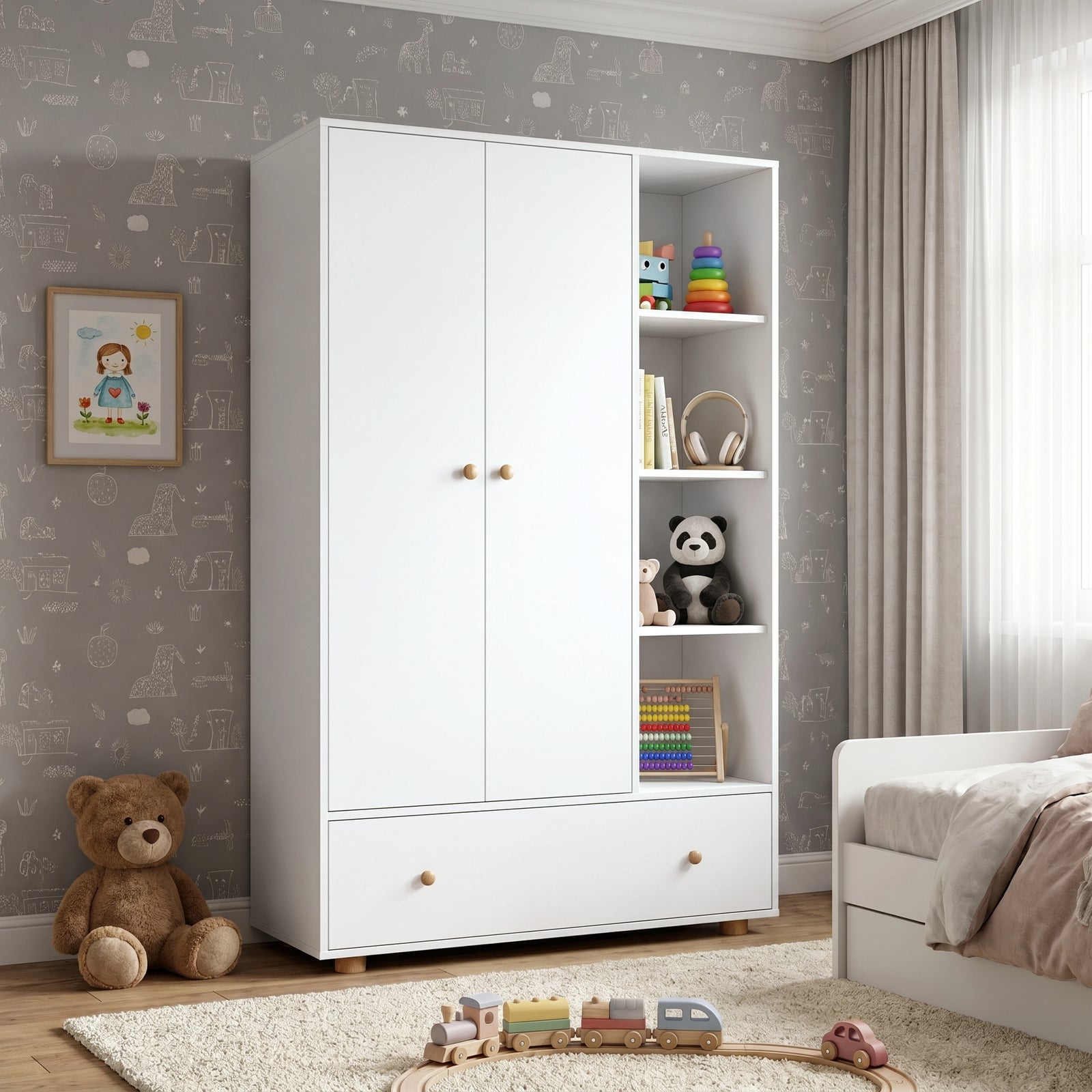 [White] Selby wardrobe angled lifestyle view showing two-door section, open shelves with books and storage basket, and large drawer