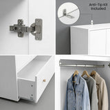 [White] Selby wardrobe detail showing soft-close hinges, anti-tip wall kit, bottom drawer open, and hanging rail with jackets