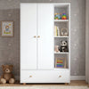 [White] Selby wardrobe front view with two-door panel, open shelves holding folded clothes, books and storage, and bottom drawer