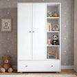 [White] Selby wardrobe front view with two-door panel, open shelves holding folded clothes, books and storage, and bottom drawer
