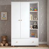 [White] Selby wardrobe front view with two-door panel, open shelves holding folded clothes, books and storage, and bottom drawer