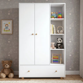 [White] Selby wardrobe front view with two-door panel, open shelves holding folded clothes, books and storage, and bottom drawer