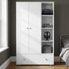 [White] Selby wardrobe front view with two-door panel, open shelves holding folded clothes, books and storage, and bottom drawer