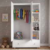 [White] Selby wardrobe interior open showing hanging rail with clothes, open shelves with bags and accessories, and bottom drawer