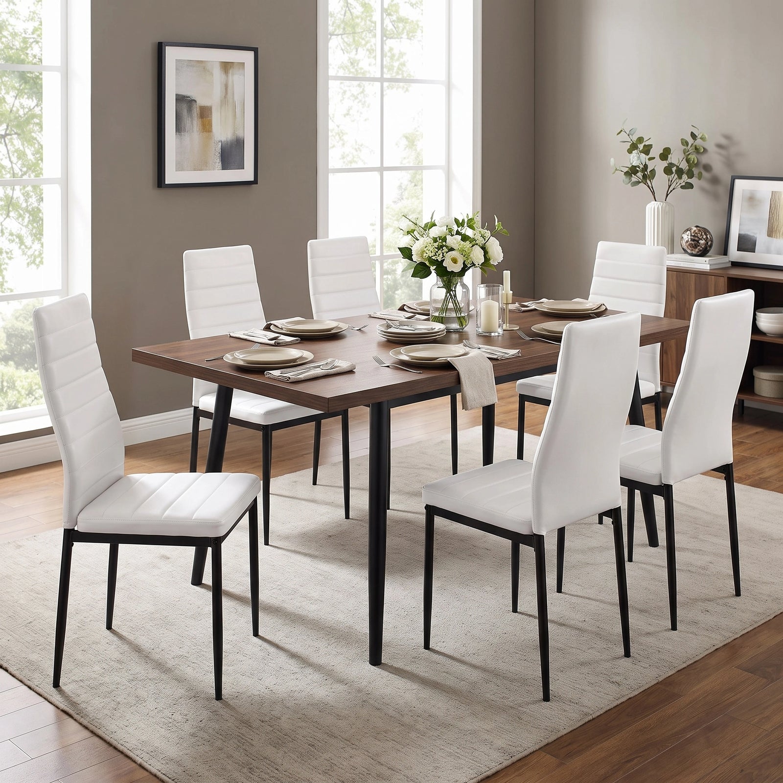 [White | Set of 6] PU Leather Dining Chairs with High Back, Padded Seat and Black Metal Legs for Dining Room